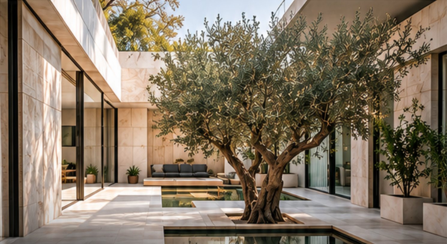 Courtyard with an olive tree, stone cladding and a reflecting pool