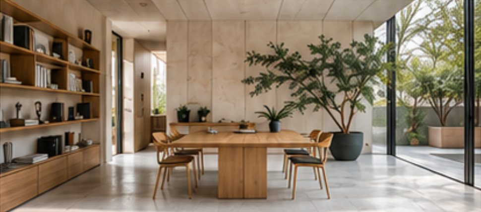 Interior with a timber table, built-in shelves and a garden view